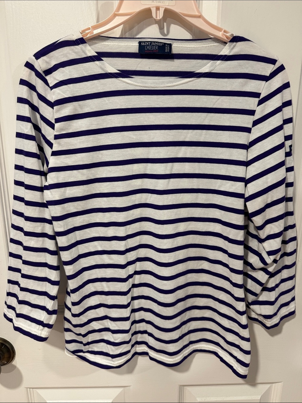 Saint James Women's White and Purple Stripe Boatneck Top
